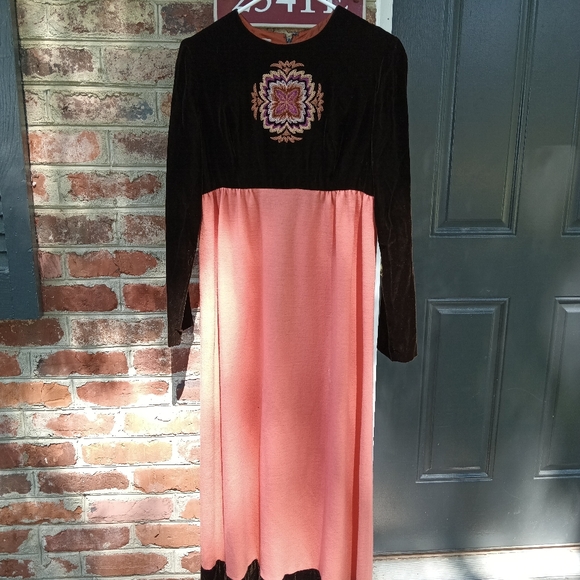 Designer Vntg 70s Cottagecore Maxi Dress 11 Peach Brown Velvet Flower Retro Boho - Picture 3 of 16